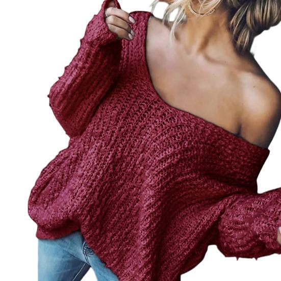 Women Tops V-Neck Long Sleeve Pure Color Knitting Tops Soft Stretchy Loose Fit Sweater Spring Autumn Casual