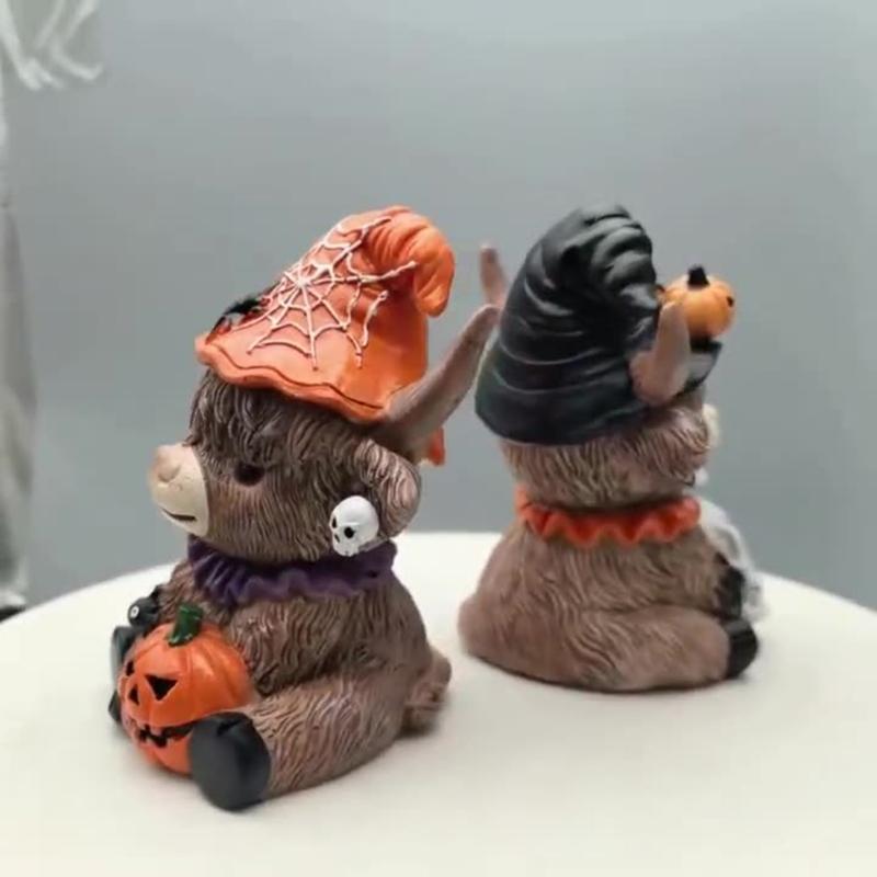 Highland Cow Holding Skull Pumpkin Statue Unique Holiday Gift Handcrafted Resin Figurine Halloween Tabletop Display