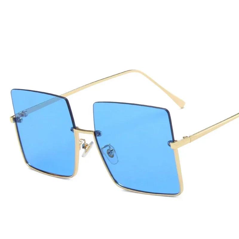 Fashion Oversized Square Sunglasses Women Retro Big Frame Sun Glasses Female Metal Semi Rimless Designer
