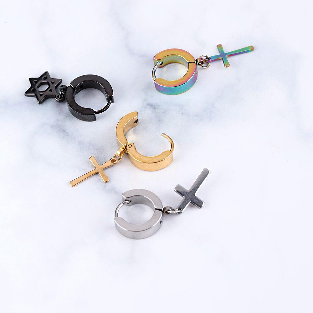 1Pc Punk Gothic Hoop Stainless Steel Earrings Ear Stud Pendant Cross Stars Dangle