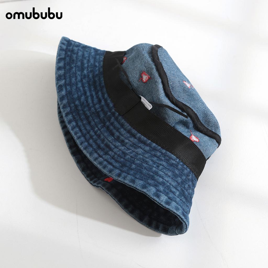 Red Heart Embroidered Denim Bucket Hat Female Harajuku Retro Hong Kong Wind Basin Hat Spring and Summer Sun Hat Bucket Hat