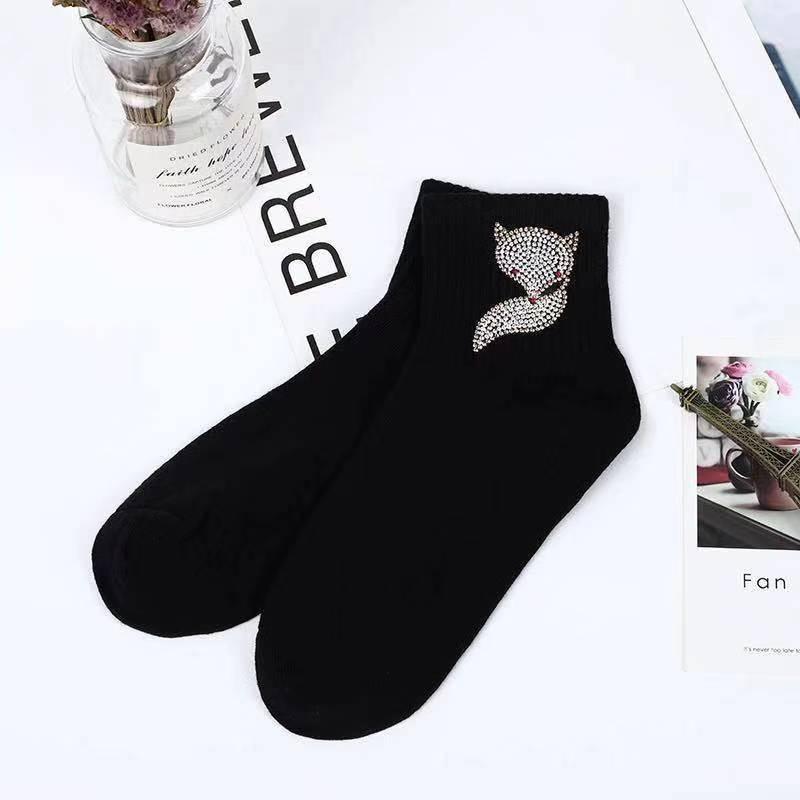 New Rhinestone Decorative Socks, Fashionable Diamond Sparkling Socks, Cute Cartoon Animal Pattern Comfortable Low Cut Socks