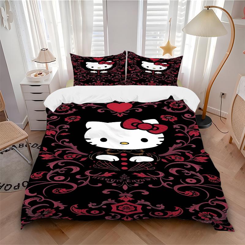 3pcs Darkly Romantic Floral Hello Kitty Quilt Cover Set (1 Quilt Cover + 2 Pillowcases Without Pillow Core), High-Definition Printing for Home an