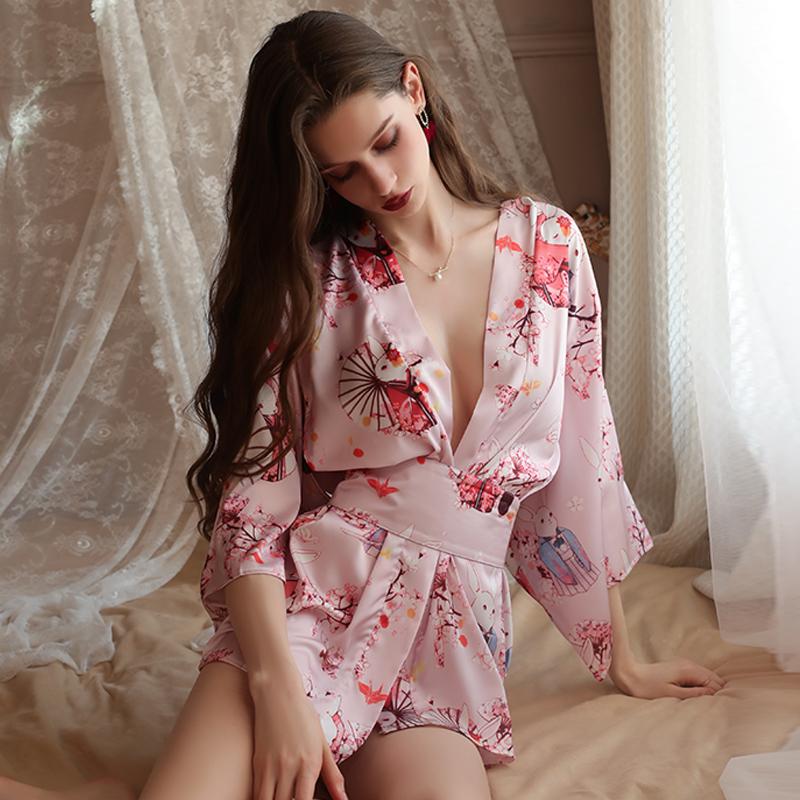 For Women Nightgown Japanese Style Sexy Low-cut Cardigan Pajamas Flower Print Kimono Bathrobe Women's Satin Robe