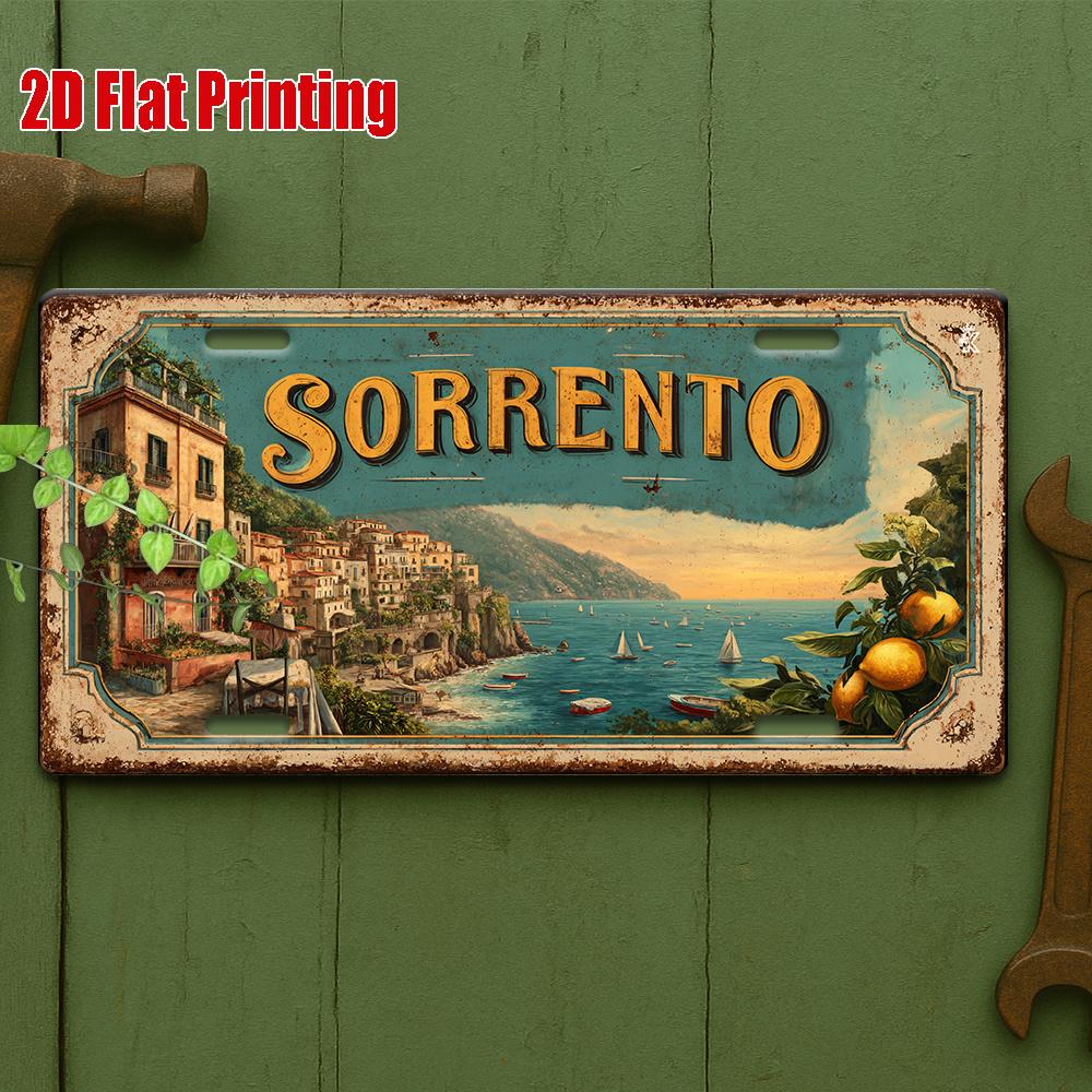 High Definition Metal Tin Sign Sorrento Italy Coastal Town Vintage License Plate Style Retro Wall Art Decor for Home Bar Pub
