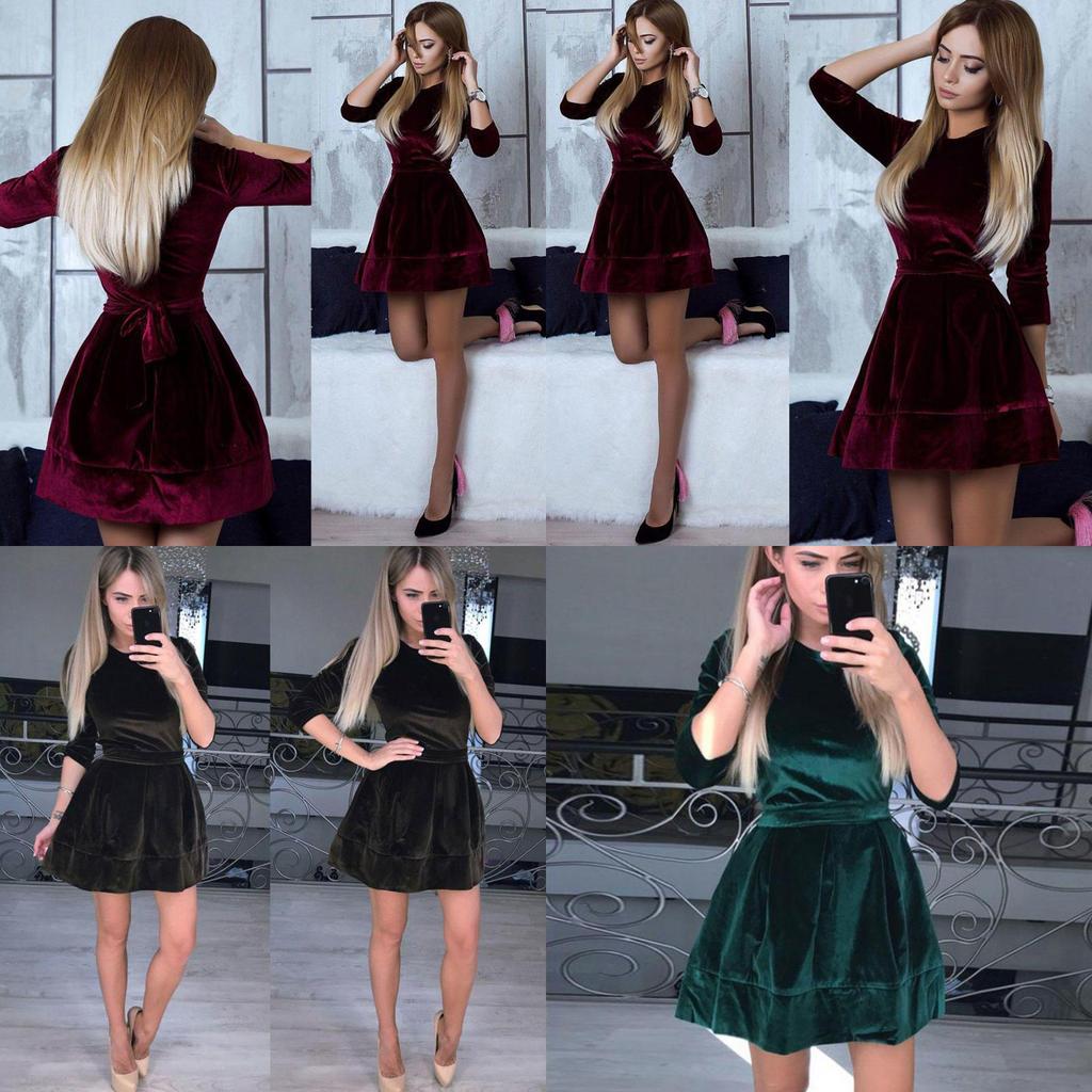Elegante Damesjurk Mode Fluweel Swing Pluche Feest Avond Prom Skater Midi Jurk