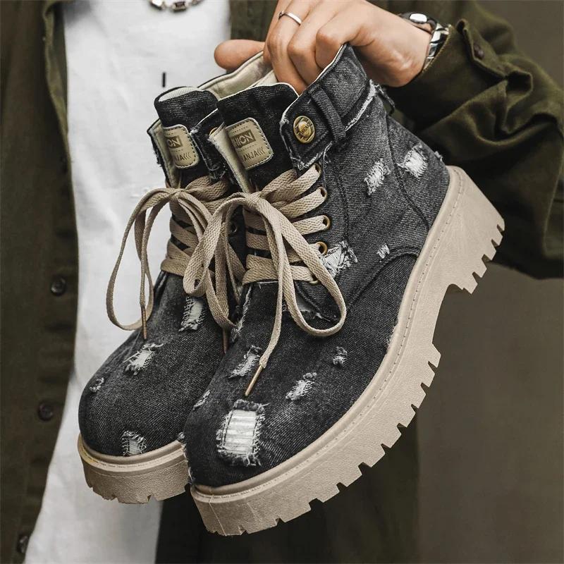Mode Neu 2024 Denim Schnürstiefel Herren Wander-Reisestiefel Japanischer Stil Flats Plateau Stiefeletten Herrenschuhe Casual Kleid