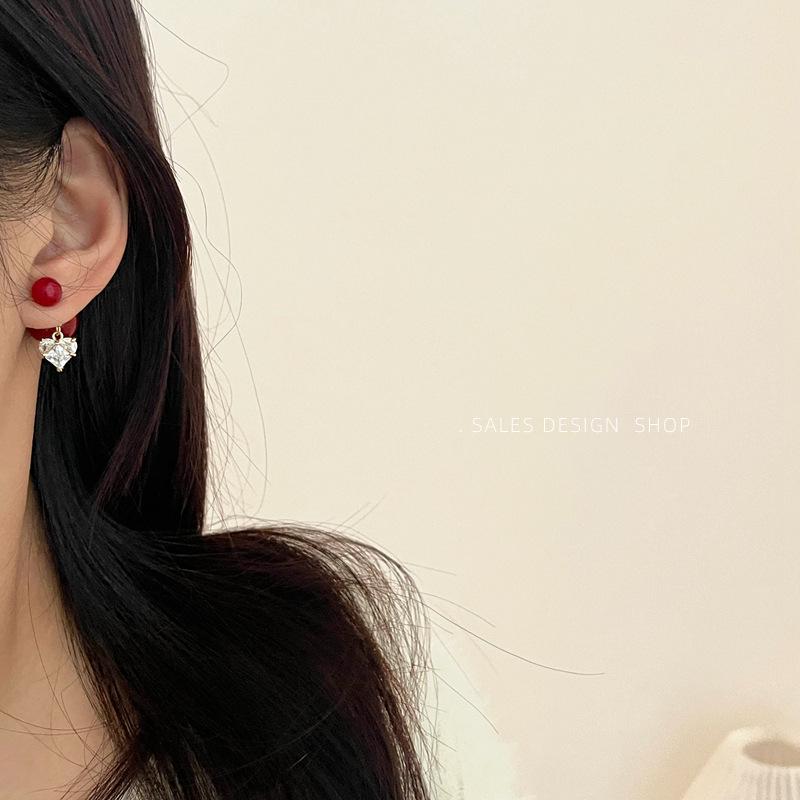 Luxurious Red Heart Zirconia and Pearl Stud Earrings – Chic and Versatile Chinese New Year Jewelry