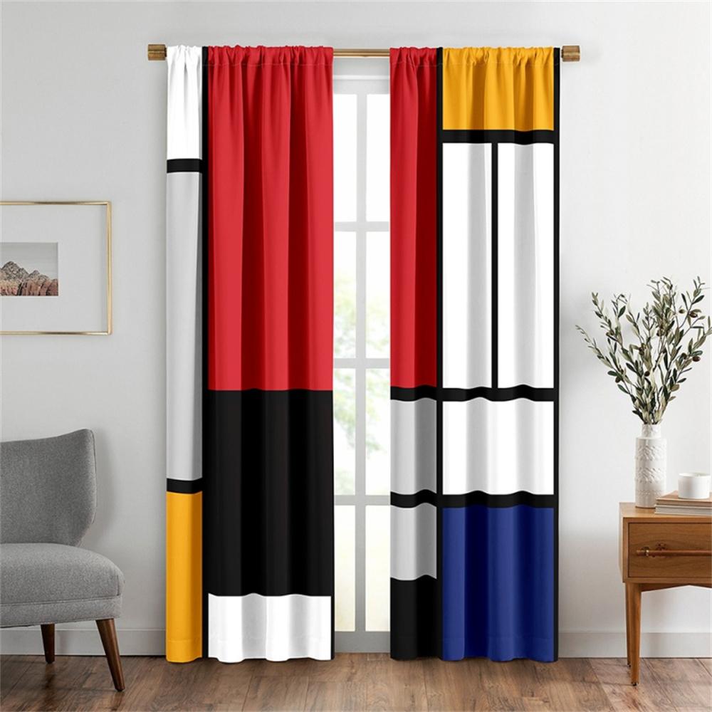 2 Stück Abstrakt geometrische Kunst rot schwarz und grau Modernes Design Lichtfilternde Vorhänge für Wohnzimmer Schlafzimmer Fenster Deko