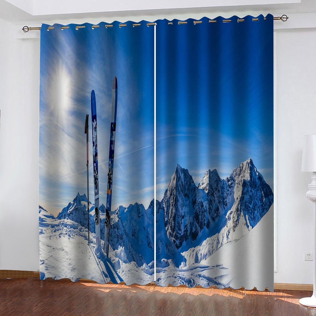 Rideaux 3D Paysage de Lac et Montagne enneigée Traitement Ski 2 Panneaux Chambre Salon Cuisine Balcon Décoration de Fenêtre Rideaux