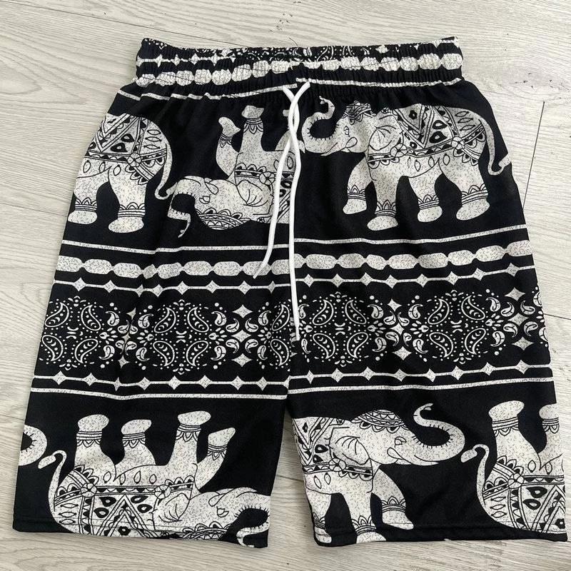 Elephant Pants Shorts Casual Adjustable Elastic High Waistband Strap Rope Women Men Unisex Print Thailand Streetwear Beach Bohemian Retro Vintage Boho