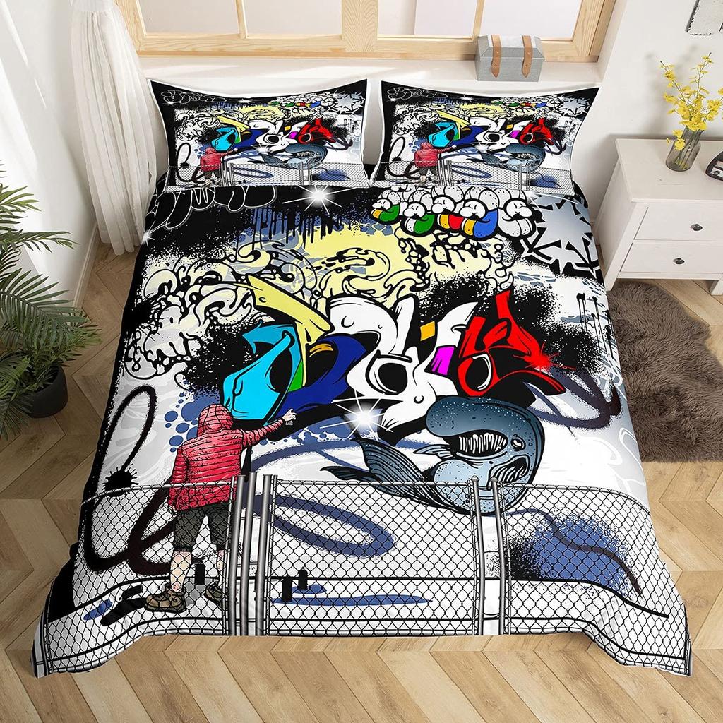 Housse de couette Graffiti Hippie Hip Hop pour Enfants Adolescents Adultes Mur Art Urbain Rue Thème Housse de couette Polyester Décorations de Chambre