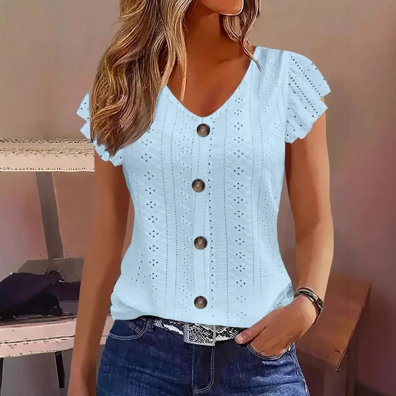 Spring and summer new women's clothing fashion casual solid color lotus leaf sleeve V-neck T-shirt