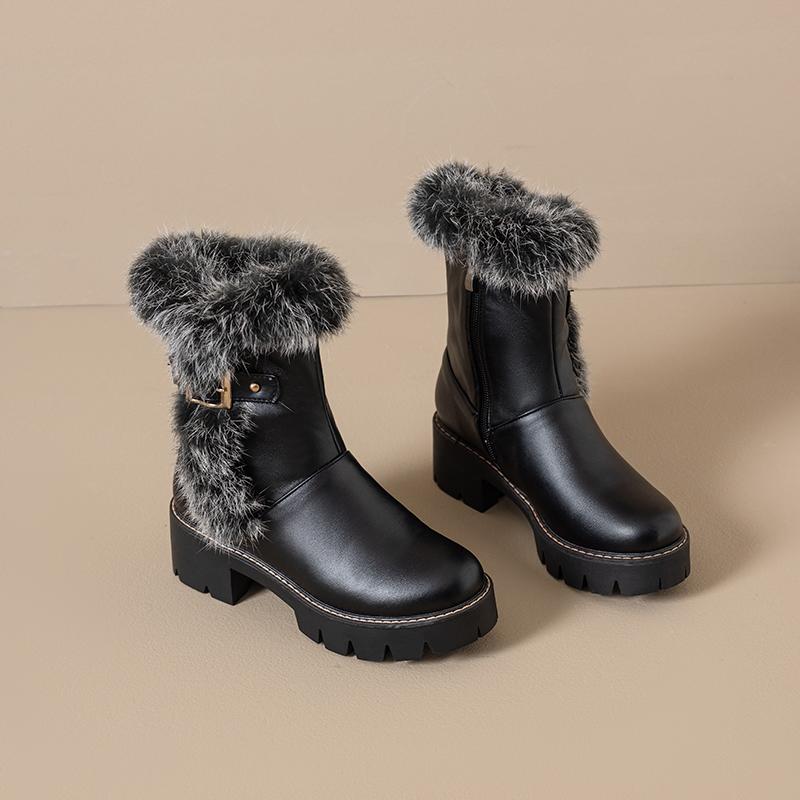 Women's High-heeled Short Boots Autumn and Winter New Thick-heeled Plush Short Boots Warm Large-size Warm Boots