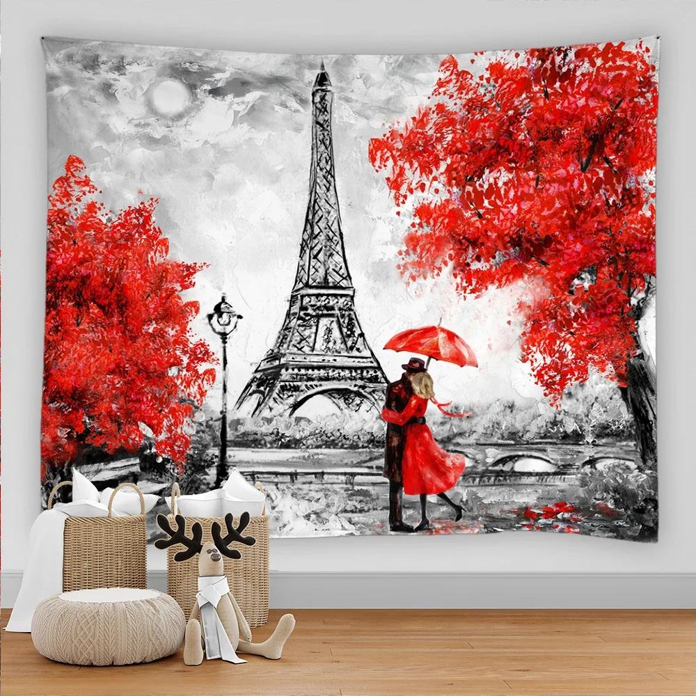 Paris Tapestry Backdrop Wall Art Eiffel Tower Photo Banner Background European City Landscape Pink Hanging Decor