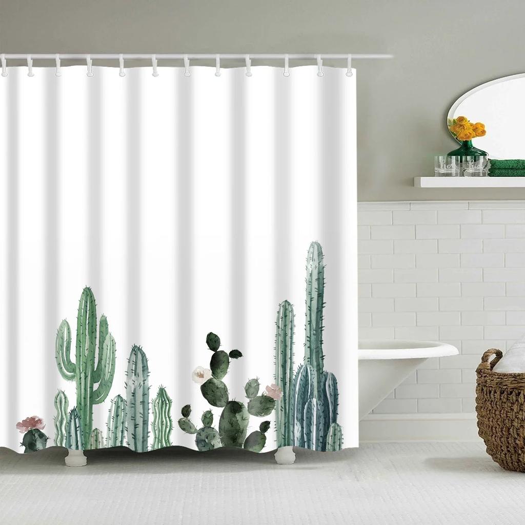 Tropischer Grünes Blatt Palme Kaktus Duschvorhang Landschaft Badezimmervorhang Wasserdichter Polyester Duschvorhang