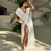 European and American Style Summer New Fashion Solid Color Sexy Low-cut Perspective High-waisted Split Dress Women