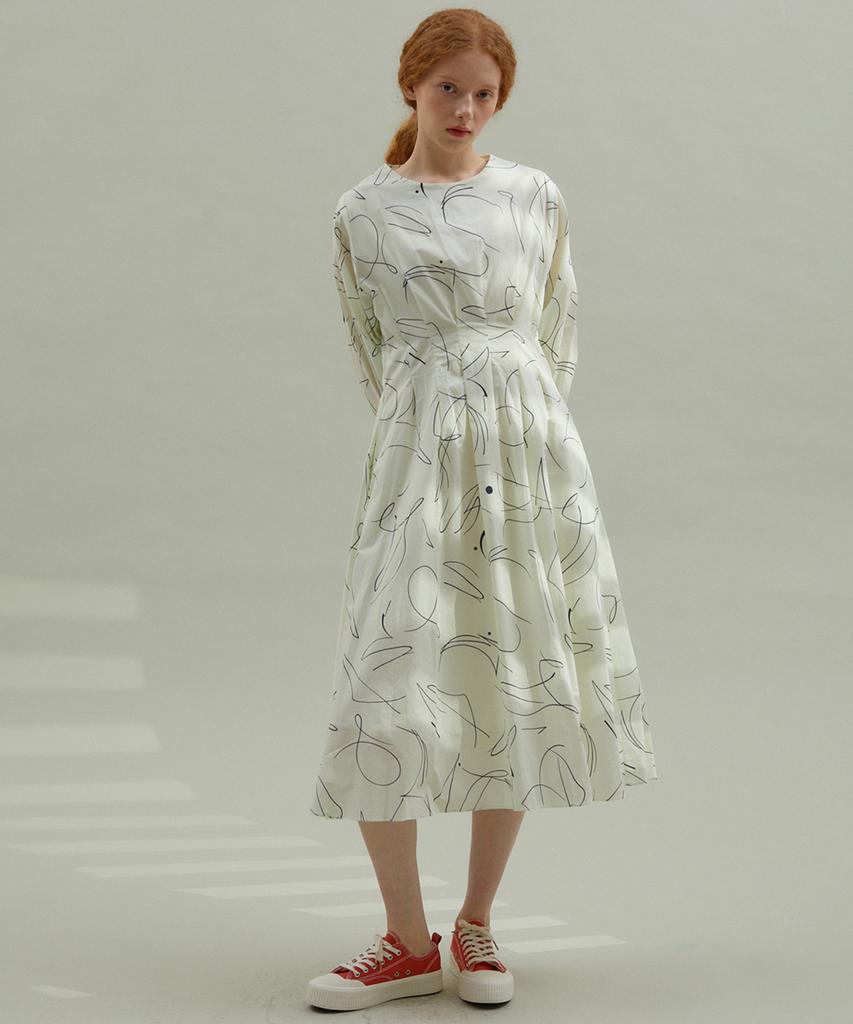 Manavis Seven Scribble Cotton Dress Ivory