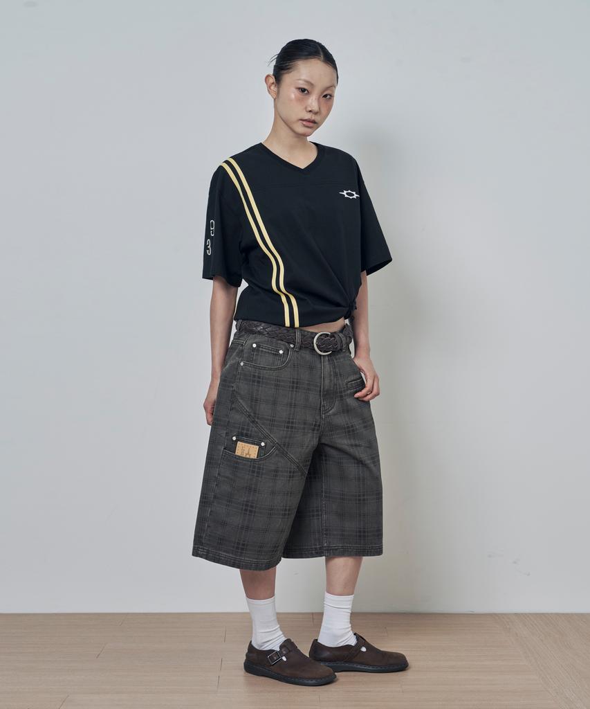 Lujeoseukeulleob Check Pattern Washed Bermuda Cotton Pants Khaki