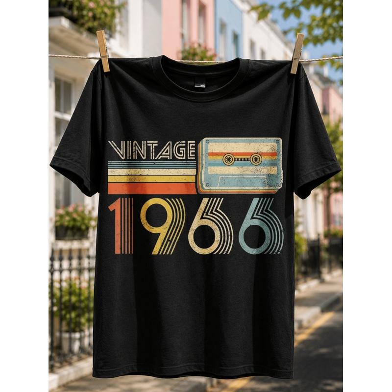 Retro Vintage Style Men'S T-Shirt 1966 Cassette Tape Design Summer Casual Wear Gift for Birthday Anniversary Loose Fit Round Neck Fashion New Arrival