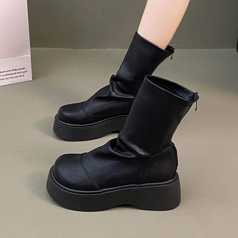 Fashion 2026Chunky Elastic Slim Woman Ankle Boots Fashion Platform Flats Shoes Female Cosy Soft Leather Mordern Short Booties
