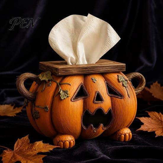 Seasonal Kitchen Counter Accessory Halloween Pumpkin Tissue Box, Resin Decorative Facial Dispenser, Functional Holiday Decor Creative Paper
