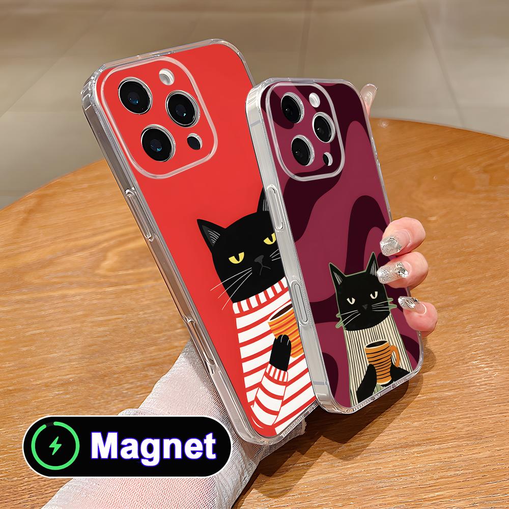 Cute Coffee Cat Clear TPU Magsafe Mobile Phone Case for iPhone 17 16 15 14 13 12 11 Air Pro Max Plus Mini Colorful Cover