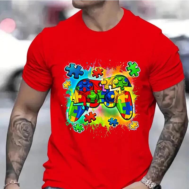 Autismus-Aufmerksamkeits-Videospiel-Controller Jungen T-Shirt Autismus-Aufmerksamkeitsmonat Herren T-Shirts Schwarze T-Shirts Sommer Kurzarm Tops