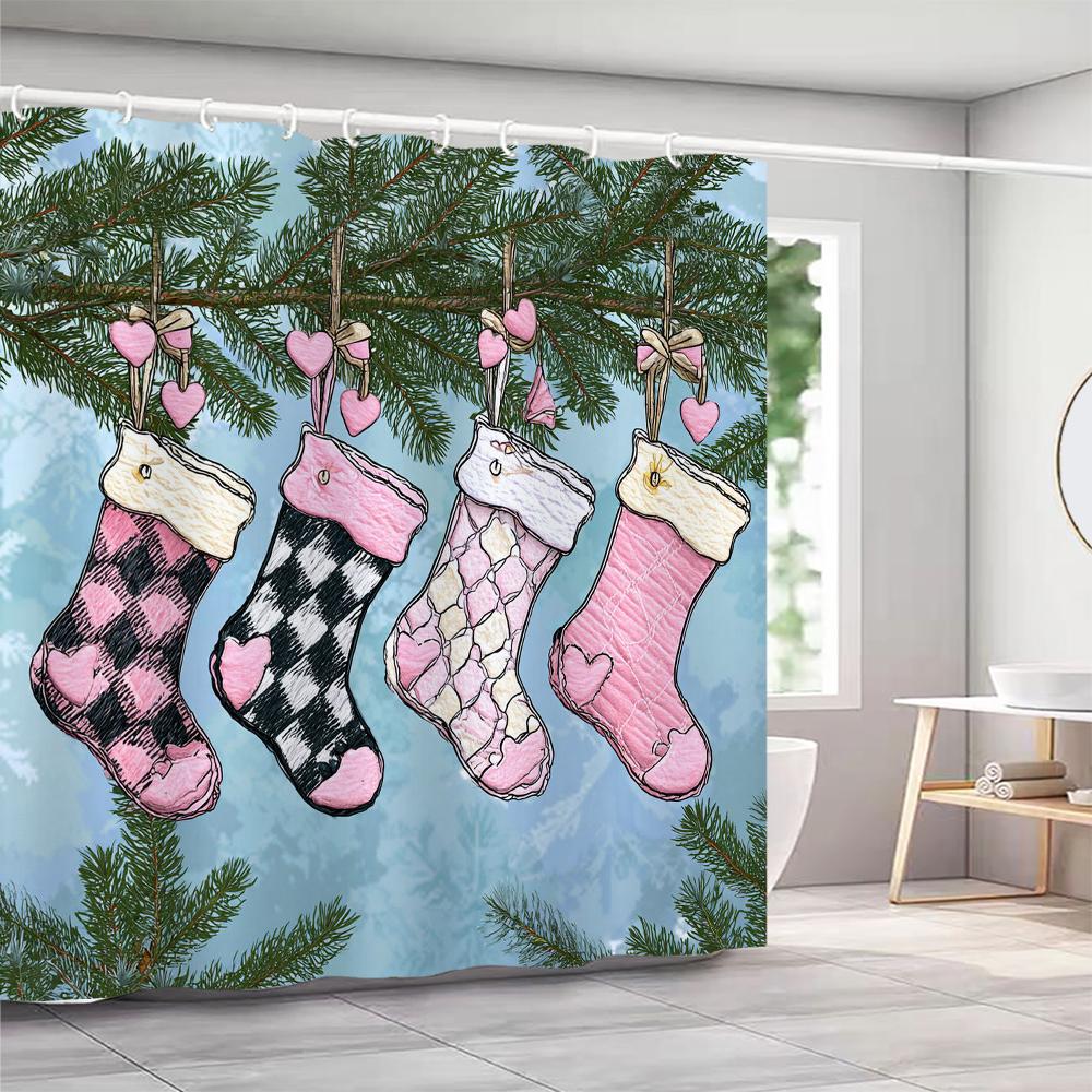 GAEChristmas Duschvorhänge mit Haken Weihnachtsbaum und Glocken Duschvorhang Polyester Badezimmervorhang Heimdeko Vorhang