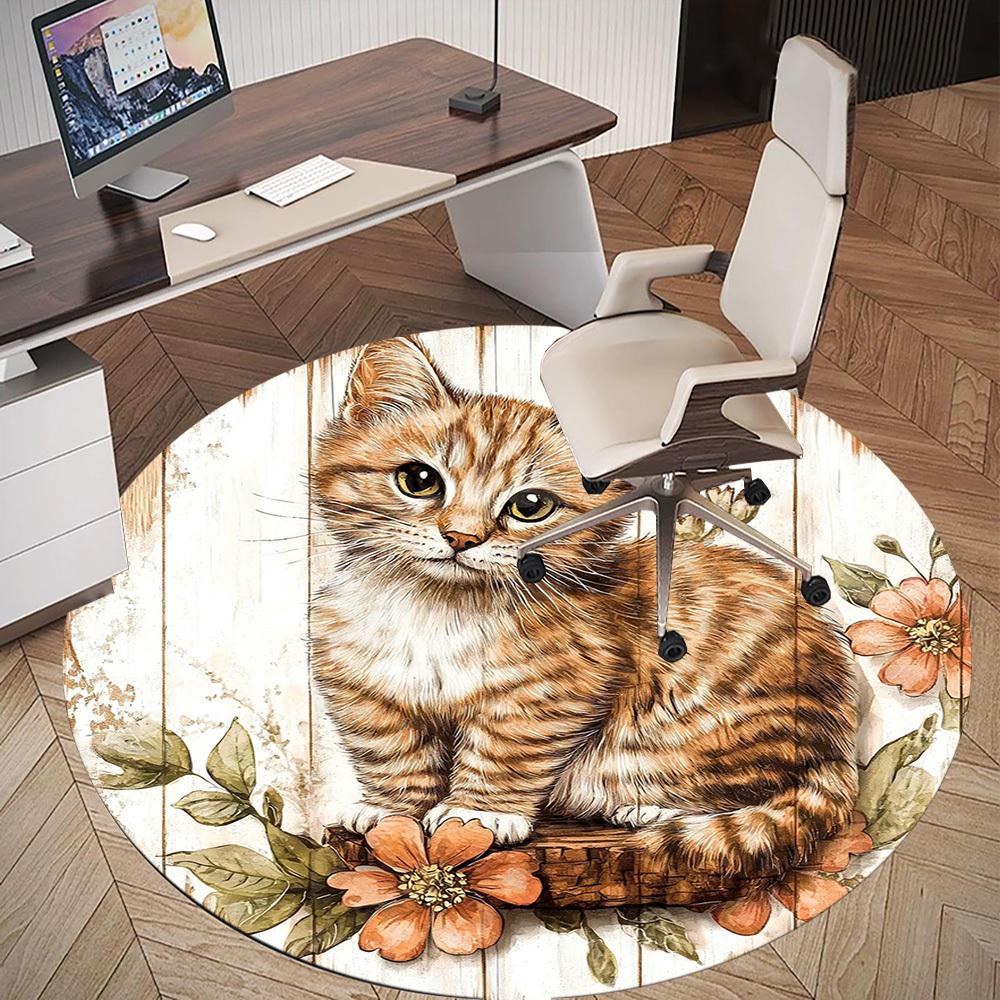 1PC Cat Flowers Office Round Area Rug, Under Office Chairs Bedroom Living Room Home Decor, Carpet for Office -1110102