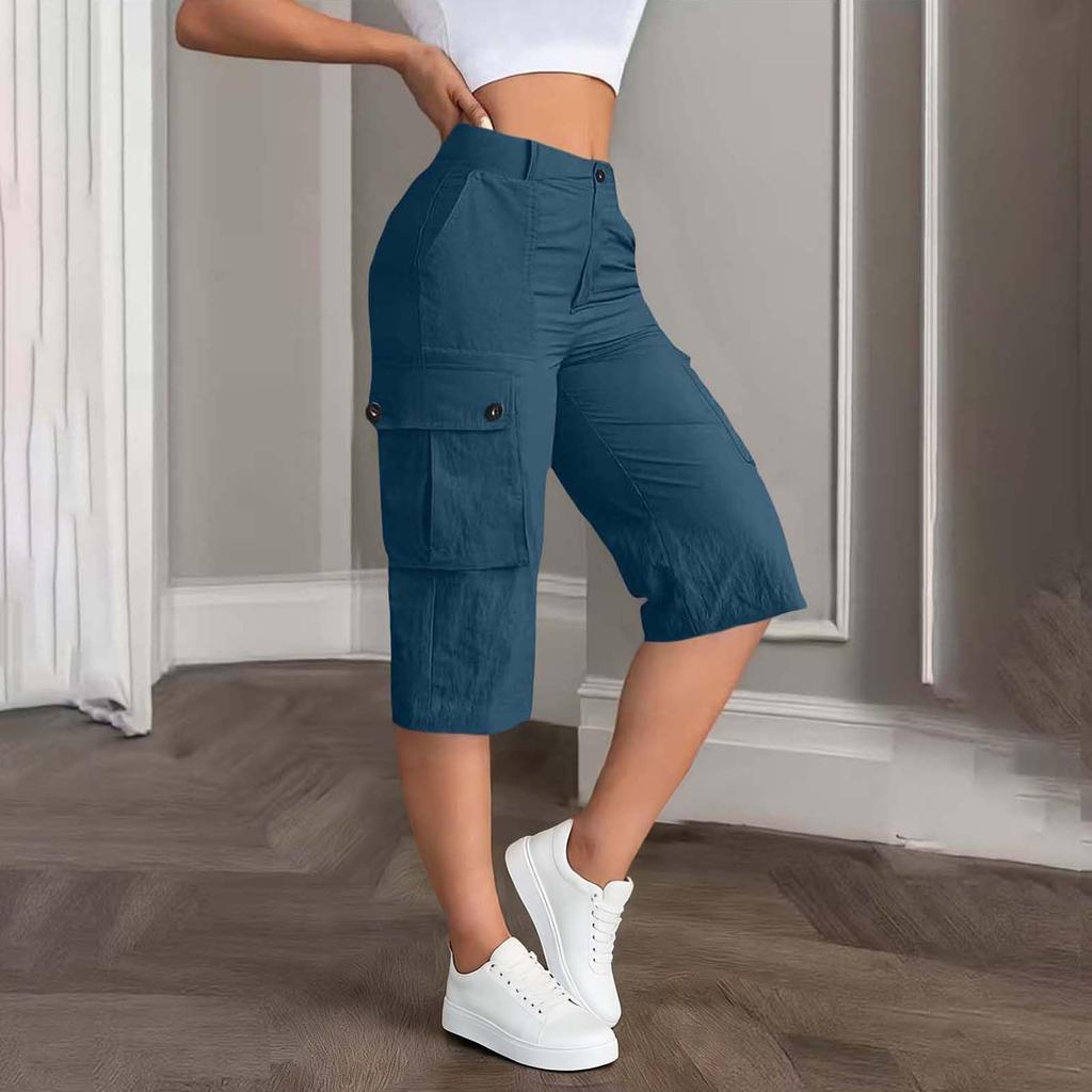 Shorts Cargo de Tiro Medio para Mujer, Corte Relajado, Cintura Elástica Trasera, Cierre de Botón y Cremallera, Diseño con Múltiples Bolsillos