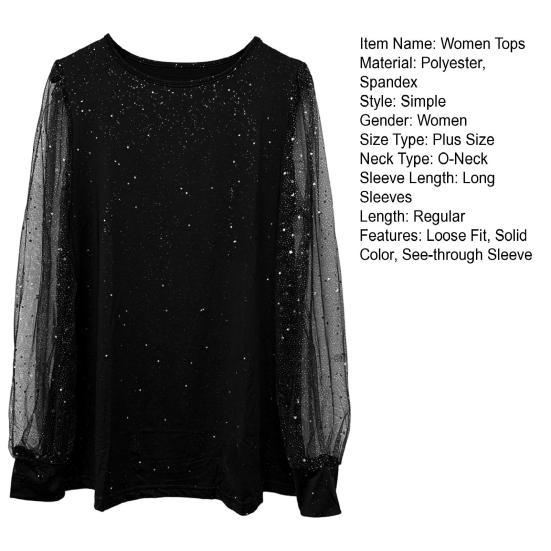 Tricou pentru femei, cu gât rotund, cu sclipici, cu mâneci lungi, cu mâneci lungi, de culoare solidă, cu croiala lejeră, maiuri casual, ținute zilnice