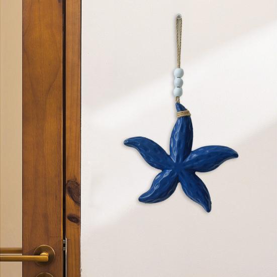 Starfish Wooden Hanging Wall Decor Nautical Coastal Theme Starfish Beaded Ornament with Hemp Rope for Living Room Bedroom Bathroom