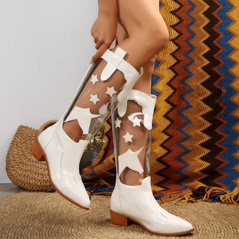 Autumn Shoes for Women Back Zip Women's Knee-High Boots Square Heel Pointed Toe Women's Shoes Plus Size Transparent Ladies Boots