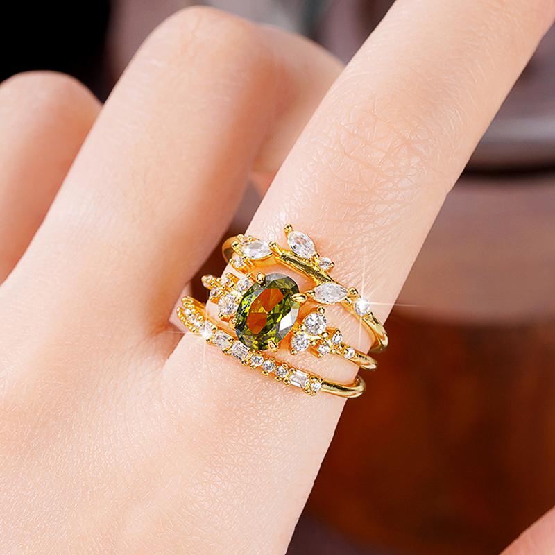 Huitan Gorgeous 3Pcs Set Women Rings Olive Green Cubic Zirconia Luxury Gold Color Wedding Rings Anniversary Party Trendy Jewelry