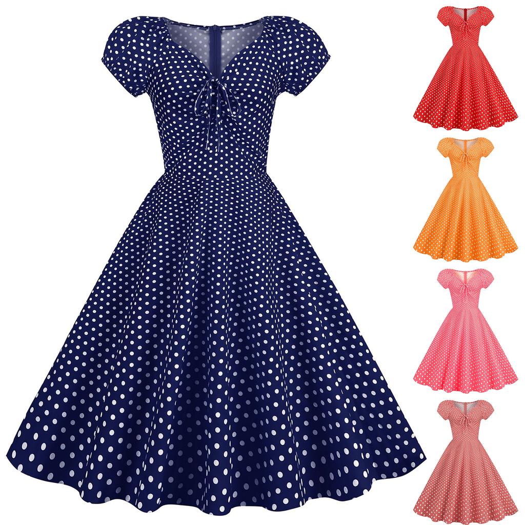 Damen - Retro-Rock mit Puff-Kurzarm-Polka-Dot-Print, großer Rocksaum, Kleid