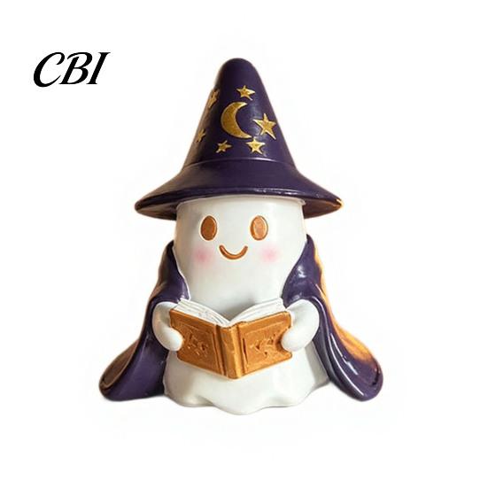 Halloween Party Supplies Lighted Ghost Figurine, Resin Wizard Statue with LED Light, Cute Figurine Reading Book Night Light for Home Desktop