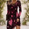 Women Cross V Neck Long Sleeve Dress Pink Heart Floral Print Irregular Hem Dress