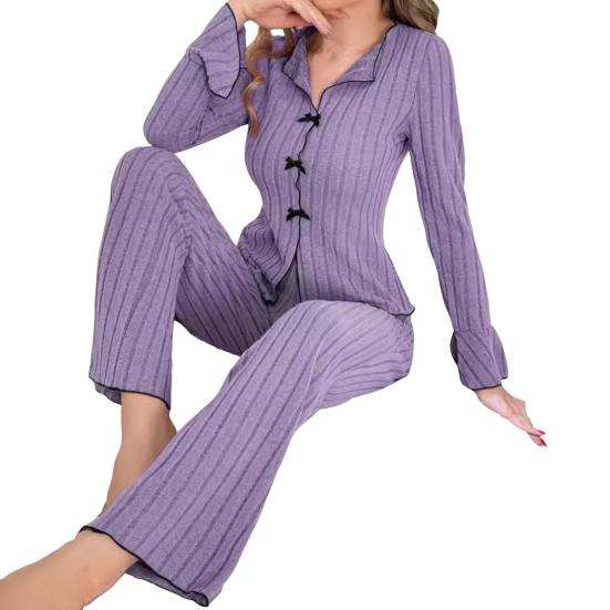 Dammode 2-delat Loungeset Ribbat Knäppning Nedåt Kavajkrage Rosett Pyjamasset Långärmad Mjuk Bekväm Pjs Sovkläder