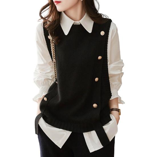 Solid Color Knitted Sleeveless Vest with Button Details for Autumn/Winter