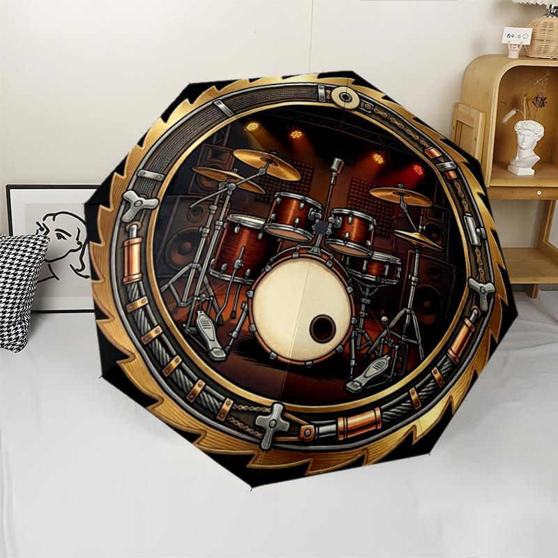 Golden Drum Stage Pattern Umbrella, Portable and Foldable Design, 8 Ribs, a Casual Accessory for Halloween, Christmas, and Birthday Gifts.
