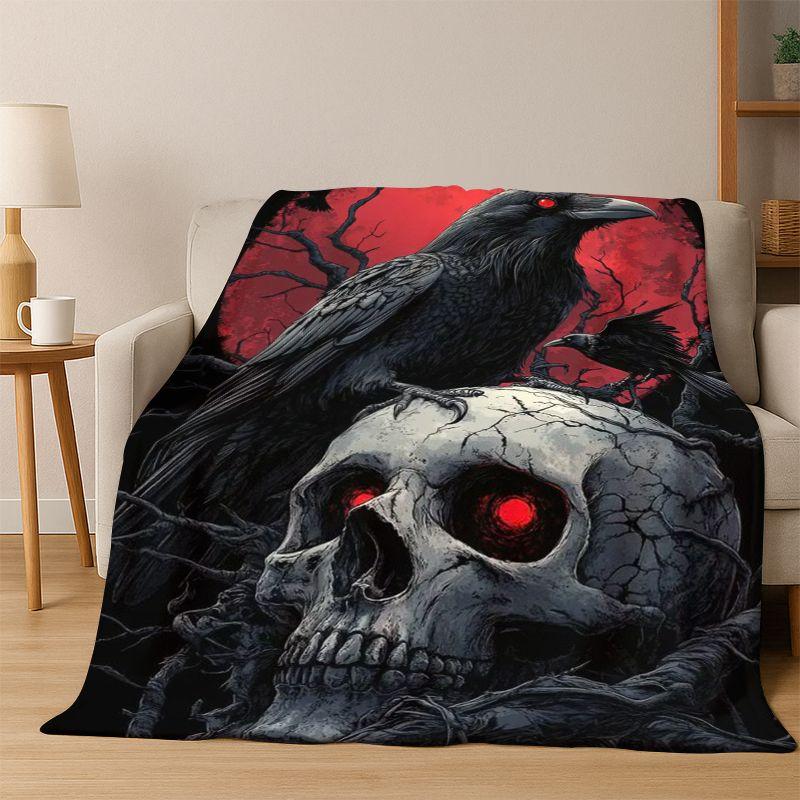 Gothic Raven Crow Skull Cartoon Flannel Blanket Soft Warm Blanket Throw Blanket for Bedroom Living Room Bed Travel Camping Gift