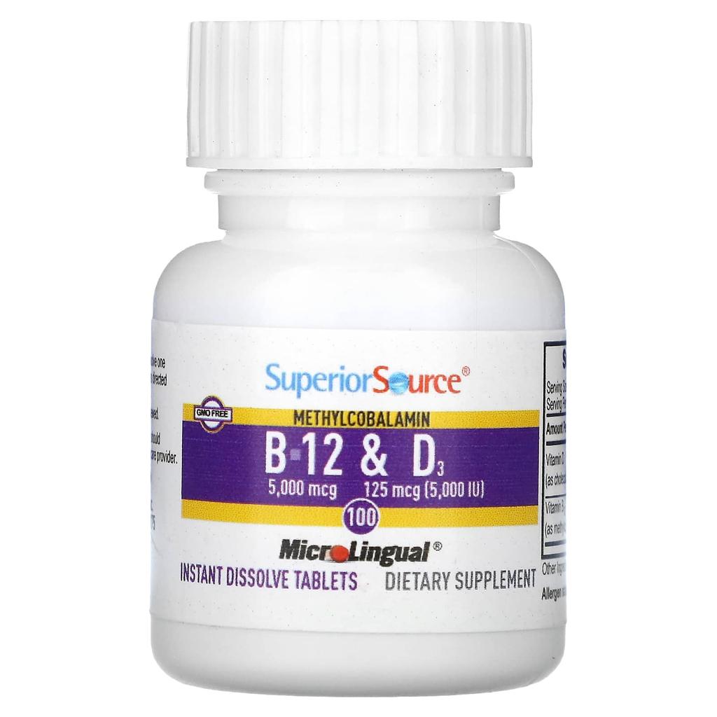 Sursă superioară, metilcobalamină B-12 și vitamina D3, 100 de comprimate microlinguale cu dizolvare instantanee