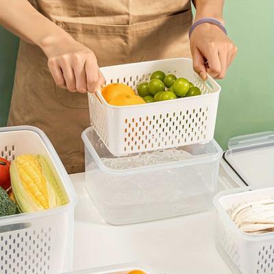 Food Storage Container with Drain Basket BPA Free Large Capacity Leak Resistant Fridge Vegetable Organizer Box