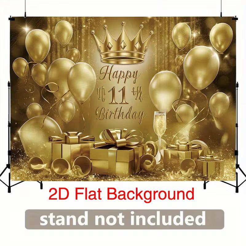 2D 11th Birthday Photography Backdrop Golden Crown & Balloon Photo Booth Banner