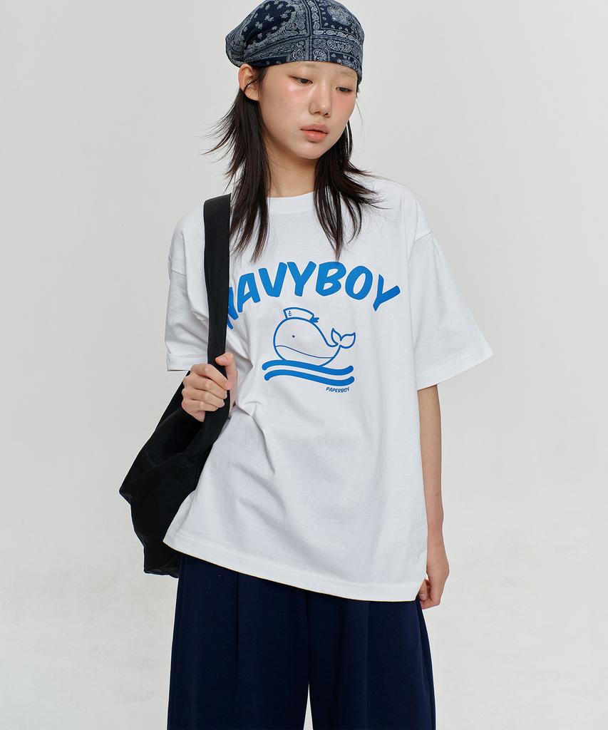 PAPERBOY [Set] Navy Boy Short Sleeve Half Pants Set-White