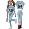 Girls Casual Two Piece Outfit Set Short Sleeve Crew Neck Top and Full Length Pants Printed Design Comfortable Fit