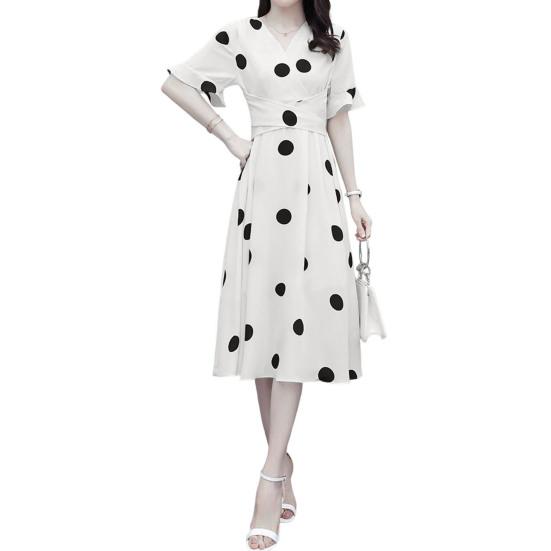 V-Neck Ruffle Short Sleeve Women Dress Waist Lace-up High-waist Large Hem Summer Big Dot Print Midi Dress Female Clothing
