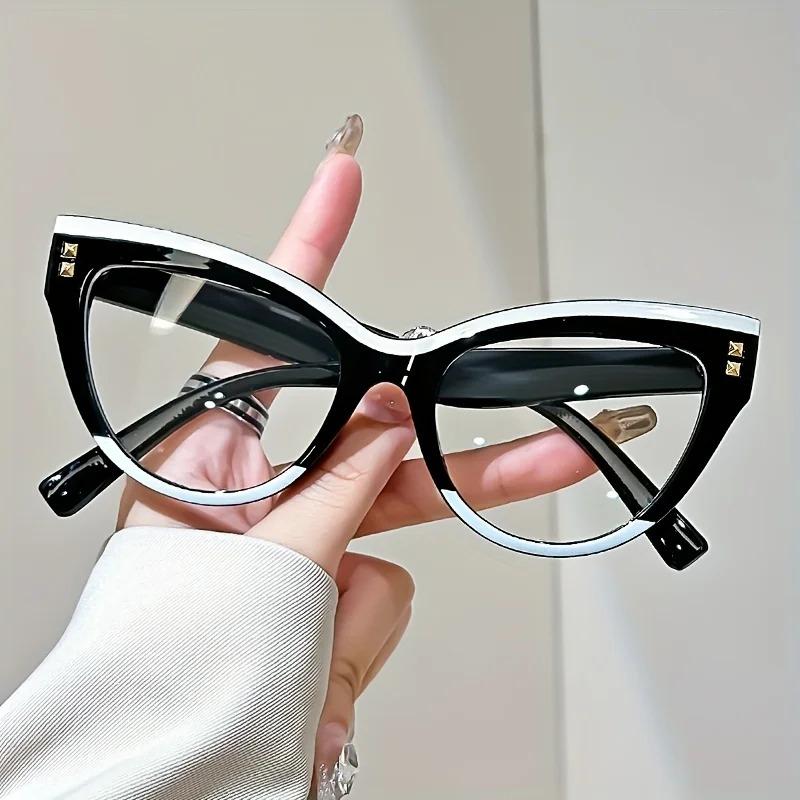 Mode Nieten Blaulichtschutz Katzenaugen Lesebrille Presbyopie Damen Übergroß Vollrand Trendige Fernsichtbrille