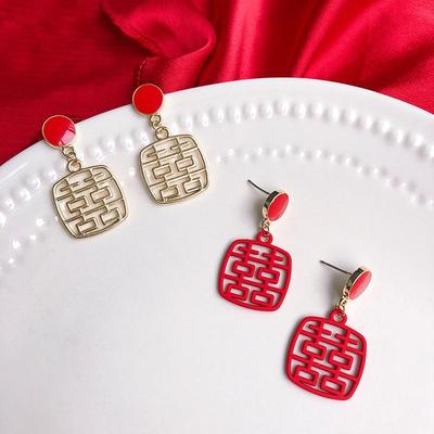 925 Silver Needle Happy Earrings Women's New Year Red Earrings Retro Autumn and Winter Personality Temperament Versatile Earrings